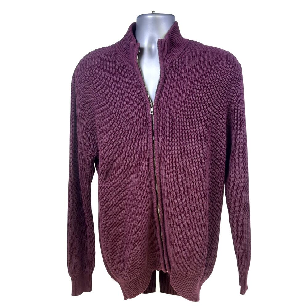 L L Bean 0 FHT4 Men's Large Cable Knit Sweater Burgundy 100% Cotton Full Zip